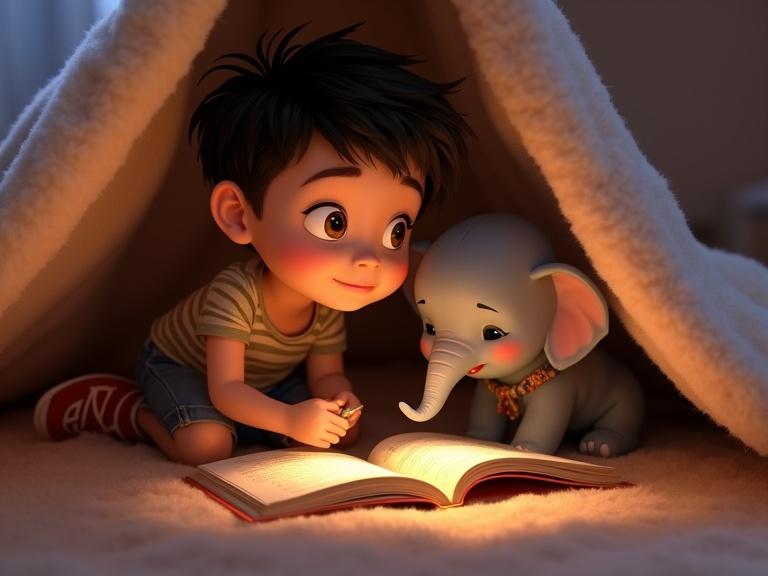 A scene in a cozy blanket fort with a 7-year-old boy reading a picture book by flashlight. He has dark tousled hair, hazel eyes, and wears a striped shirt and denim shorts. A baby elephant with gray skin and pink accents listens sleepily. Warm lighting surrounds them.