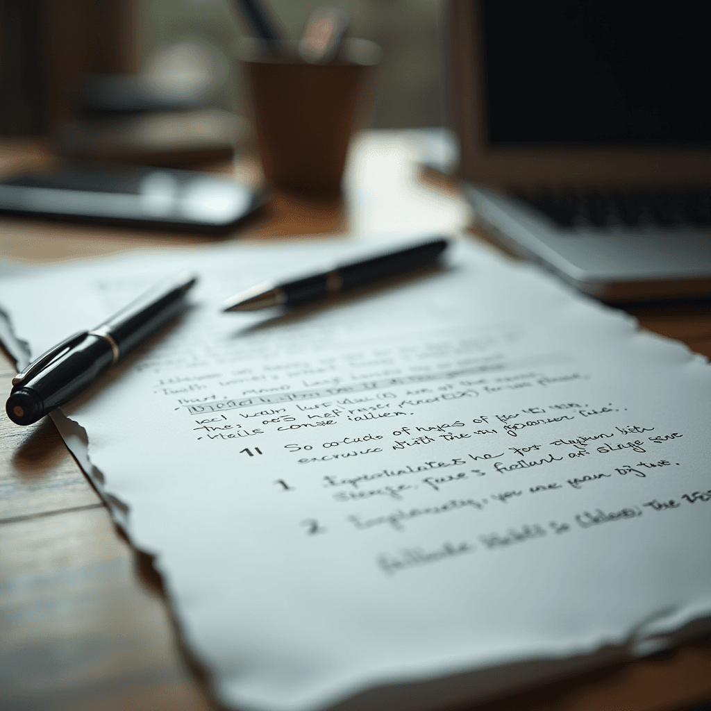 A handwritten page lies on a wooden desk with two pens and a laptop nearby.