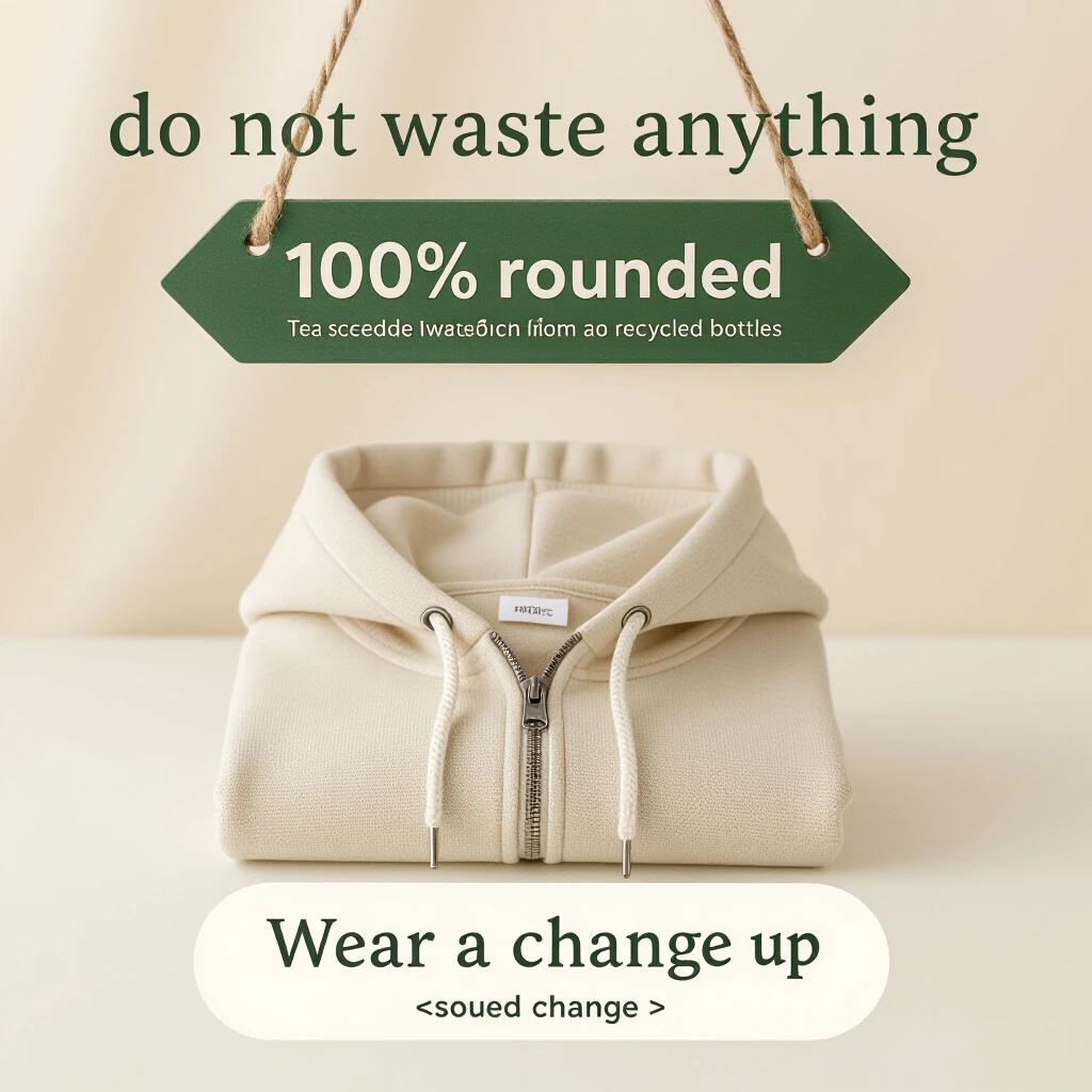 Flat top-down view of a folded hoodie. Made from recycled cotton. Features a recycled plastic zipper. Background is seamless oatmeal. Includes a eucalyptus green sign saying 100% rounded up. Simple Scandinavian aesthetic. Shot in a daylight studio setting with high resolution.