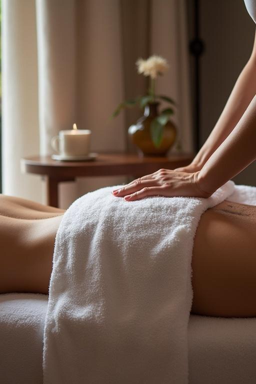 Hands giving a massage on a person's back. Warm and inviting indoor setting. Soft towels and a peaceful environment with a candle and plant in the background.