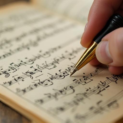 Close-up image of a hand writing on sheet music with a gold pen.