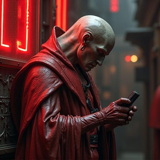 Character dressed in a red cloak. Dim lighting creates an atmosphere. Character holding a device. Neon red background enhances mood. Urban environment visible