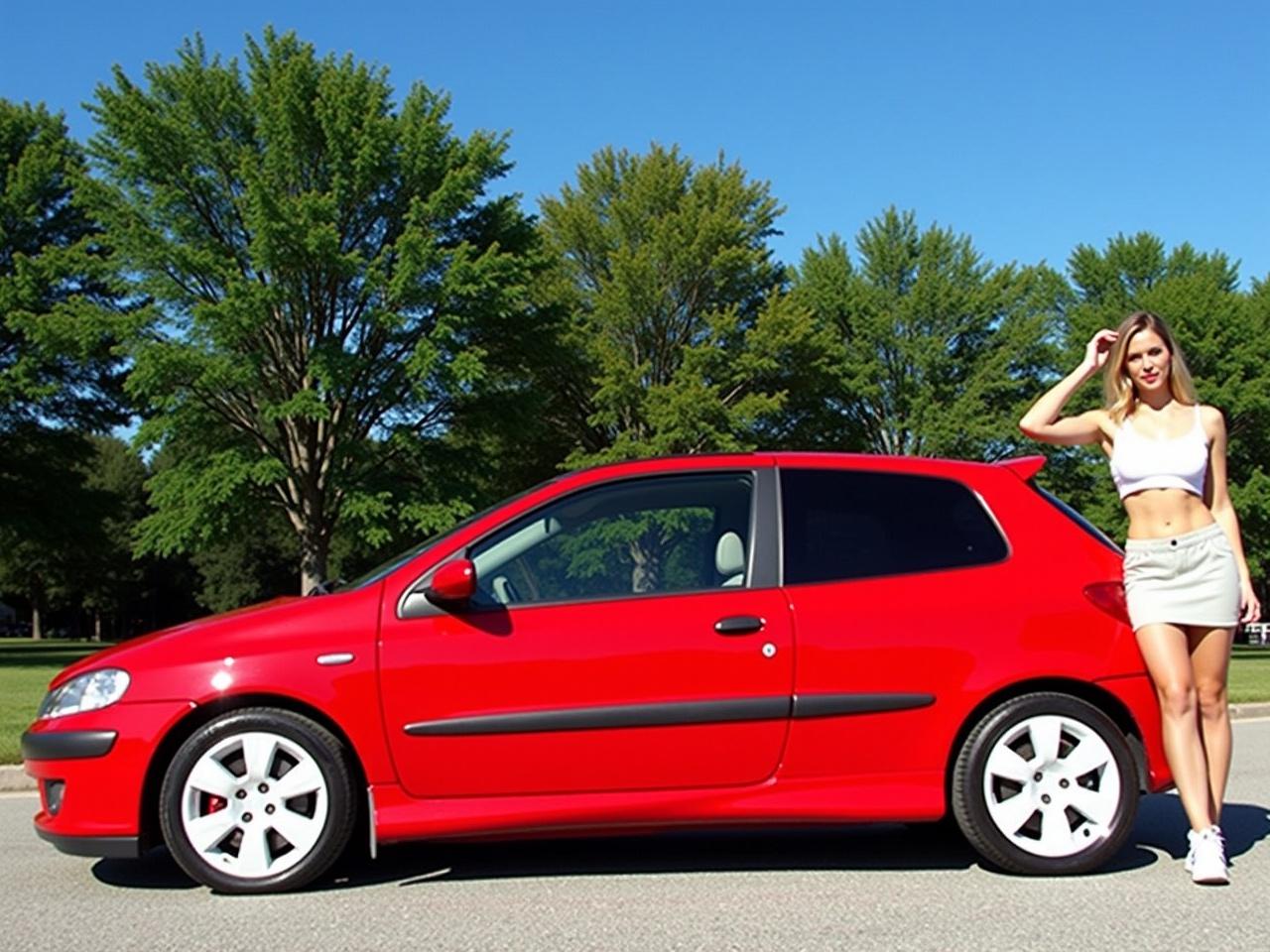 The image shows a bright red car parked on a road with trees in the background. The car has a sporty design and features white wheels. There is a person standing next to the car, posing with one hand on their head. They are wearing a white crop top and a light-colored skirt. The setting appears to be outdoors with a clear blue sky. The scene captures a blend of automotive culture and style.