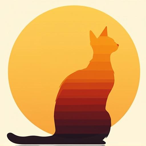 Sleek Siamese cat silhouette with graduated color layers flowing horizontally. Starting with dark maroon shadows and building through copper red vibrant orange warm amber finishing with golden yellow highlights. Layered bands create painterly effect within elegant cat form against circular golden sky.