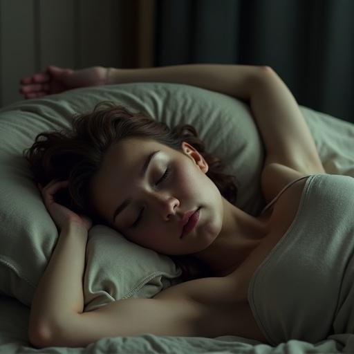 Female figure sleeping peacefully in a comfortable bed. Arms stretched above the head. Serene expression on the face. Soft bedding and muted colors.