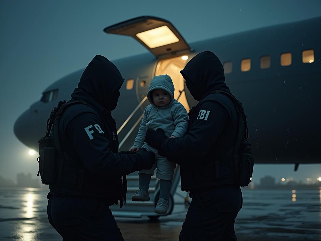 Dramatic illustration of FBI agents carrying a baby to a military airplane at night. Agents wear tactical gear and hoods. Baby is wrapped in a blanket looking confused. Aircraft is a grey jet with open hatch and floodlights. Rainy tarmac reflects lights. Tense mood.