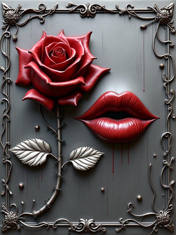 Dramatic 3D stainless steel engraving of plump parted lips. Trails of blood flow down the steel surface. An oversized velvet rose carved in deep relief with a thorny stem. Metallic wisps of smoke spiral around the lips and rose. Engraved filigree patterns. Metallic frame adorned with vines and droplets sculpted from the steel plate.