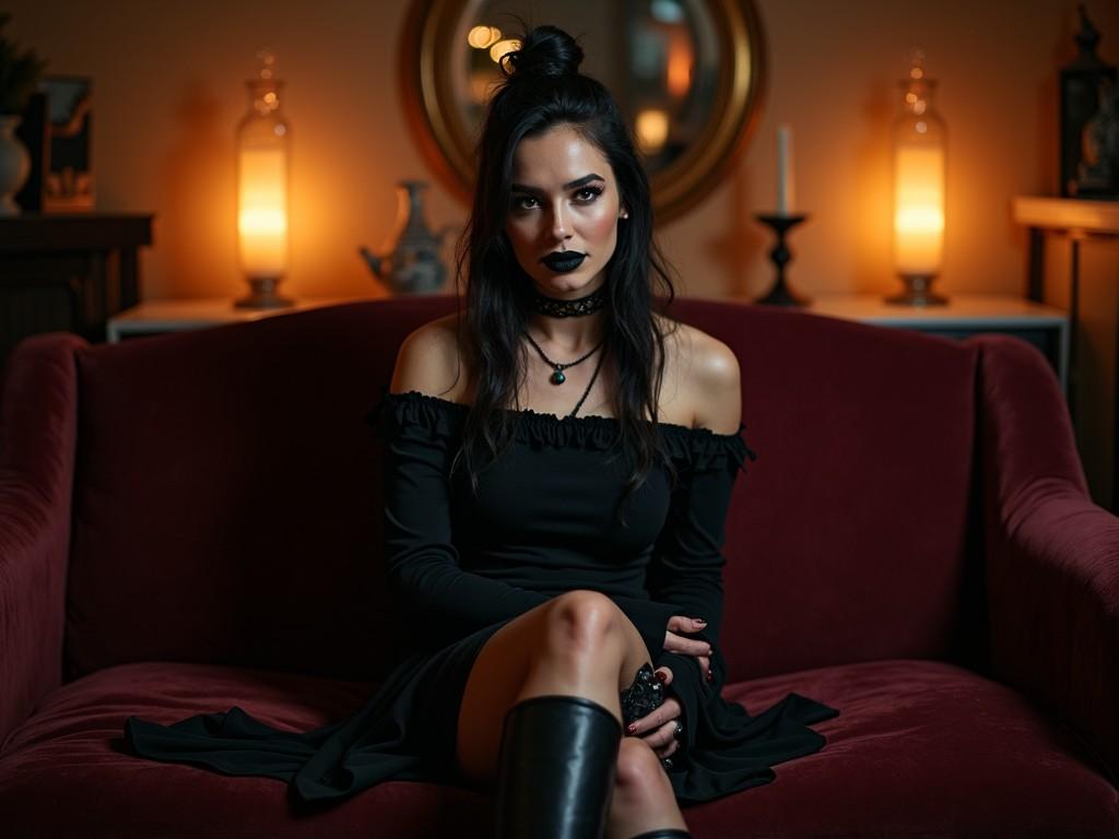 a woman sitting on a red sofa in a dimly lit room, wearing a black gothic dress, with dark makeup and an elegant hairstyle, warm ambient lighting