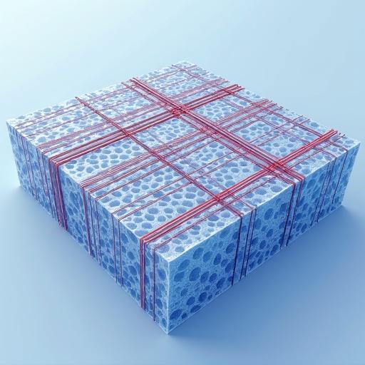 A detailed cross-sectional illustration of a cardiac scaffold. Scaffold contains parallel nanofibers made of PLGA and polypyrrole. Nanofibers are embedded in a translucent hydrogel matrix. Hydrogel has round interconnected pores. Scaffold is thin and flexible with tissue-like texture. No cells are present. The image shows aligned nanofibers and visible pores clearly. Colors distinguish different materials.