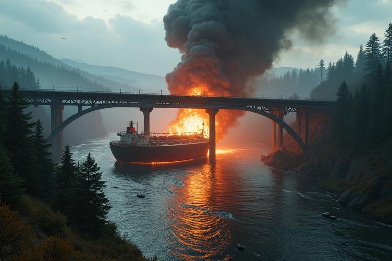 Cinematic shot from a distant hilltop above river valley. Below, massive exploded oil tanker burns fiercely under collapsing bridge. Bridge hangs diagonally over river with central pillars shattered. Thick smoke billows from ruptured midsection, merging with storm clouds. Fiery oil spills across river like lava, igniting bank vegetation. Emergency boats and helicopters swarm scene, dwarfing destruction size.