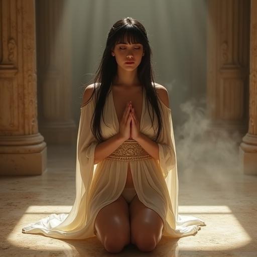 Artistic representation of a noblewoman kneeling in a bathhouse. Wearing a semi-sheer silk robe with gold embroidery. Features porcelain-like skin and long black hair styled with bangs. Eyes gently closed showing serene devotion. Warm lighting creates a sacred atmosphere with steam around.