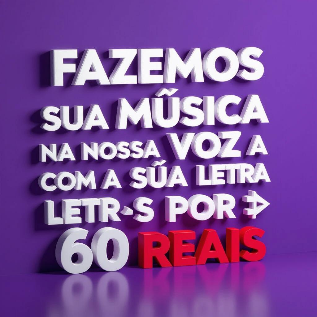 Studio photograph with a clean purple gradient background. Focus on perfectly rendered 3D typography. Text says 'FAZEMOS SUA MÚSICA NA NOSSA VOZ COM A SUA LETRA POR 60 REAIS'. 'FAZEMOS SUA MÚSICA' is highlighted, larger with a chrome finish. The rest of the text is in clean white 3D font. Blurred 3D icons of musical notes and a microphone in the background. Ultra-realistic, high definition, Octane rendering.