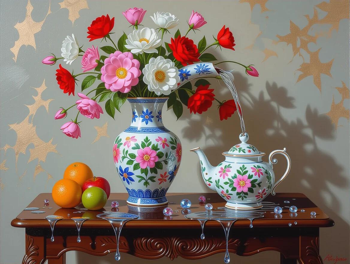 Surreal still life features a colorful vase filled with flowers. Elegant porcelain teapot rests beside fruits on a dark wooden table. Viscous, bubbling stream flows from the teapot's spout. The scene showcases extraordinary colors from glossy paint in Khokhloma style. Masterpiece of sculptural oil painting with extreme impasto technique. Bright holographic colors create a striking visual.