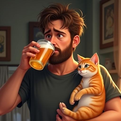 A bearded man with tousled hair wearing a dark t-shirt drinks beer while holding an orange tabby kitten in his arm. The man has a worried expression while the kitten looks relaxed. The scene is indoors with a cozy, cluttered background and warm lighting.