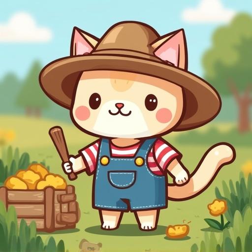 A cute cat character dressed as a farmer. Wearing overalls and a hat. Holding a wooden stick. A basket of golden goodies is nearby. The background features a sunny landscape with flowers and greenery.
