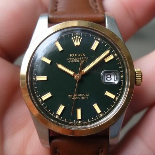 Close-up view of a vintage Rolex watch from the 1960s. The watch features a green dial and gold accents. It is held in a hand for scale.