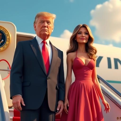 3D characters inspired by Pixar style depict Trump and Melania descending from Air Force One at a sunny location.