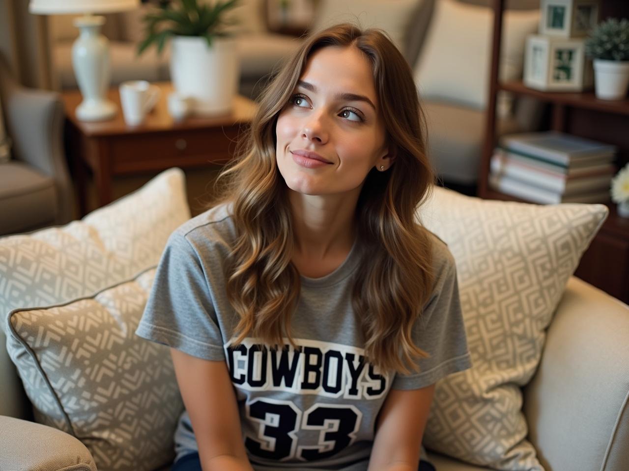 A young woman is sitting comfortably among home decor items in a store. She has long, wavy hair that cascades over her shoulders. She's wearing a grey t-shirt with the word 'COWBOYS' printed on it and the number '33'. The setting has various pillows and decorative items in the background, giving a cozy store ambiance. The woman has her head tilted back slightly, indicating a relaxed demeanor.