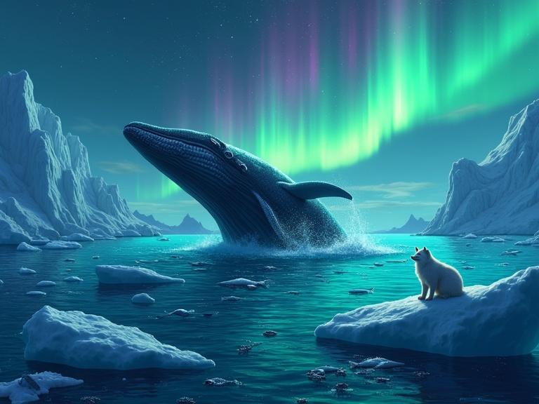 Majestic humpback whale breaches Arctic sea. Ethereal glow of Northern Lights illuminates the scene. Ice floes and jagged cliffs create a stunning seascape. A curious Arctic fox watches the whale while schools of fish swim below. Surreal colors reflect off the water's surface.