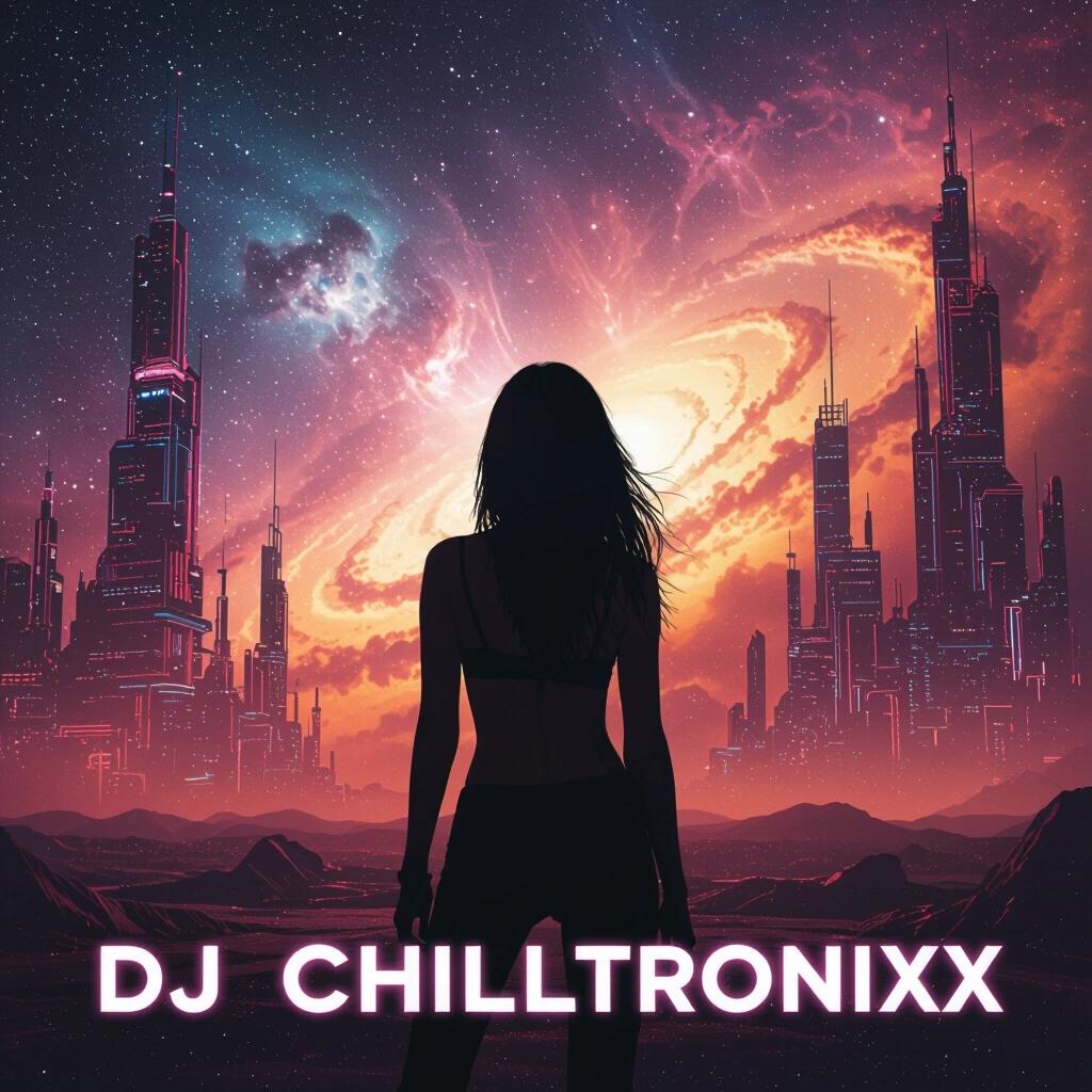 Silhouette of a woman against a colorful nebula and futuristic cityscape. Title DJ Chilltronixx prominently displayed. Captivating and artistic style. Wild megastructures stretch towards the sky. A vast expanse enhances the outer space vibe.