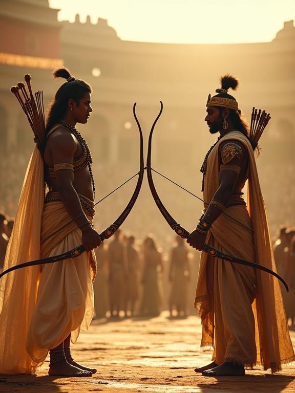 Two archers in an ancient Indian arena preparing for a duel. Arjuna wears royal white and gold attire. Karna wears dark armor with divine earrings. Tense atmosphere with silent crowd watching. Traditional Indian setting with highly detailed art style during golden hour.