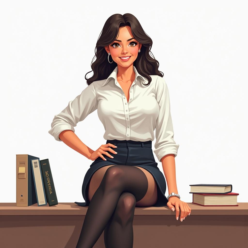 Digital illustration shows a young woman sitting confidently on a desk. She wears a white blouse and black stockings. The atmosphere is professional and modern. Her pose conveys confidence and poise.