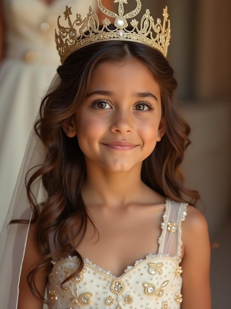 A girl with brown hair wears a gold crown. She has tan skin. She is smiling in a white and gold wedding dress. Wedding setting is visible in the background.