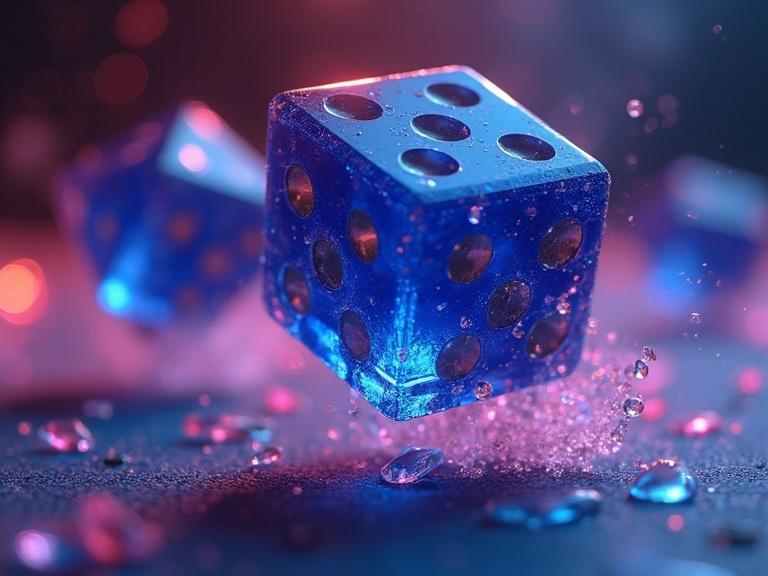 Striking picture of sapphire dice frozen in mid-air during a high-stakes pirate dice game. Image rendered with ultra-detailed CGI. Dynamic lighting with vibrant polychromatic aesthetic.