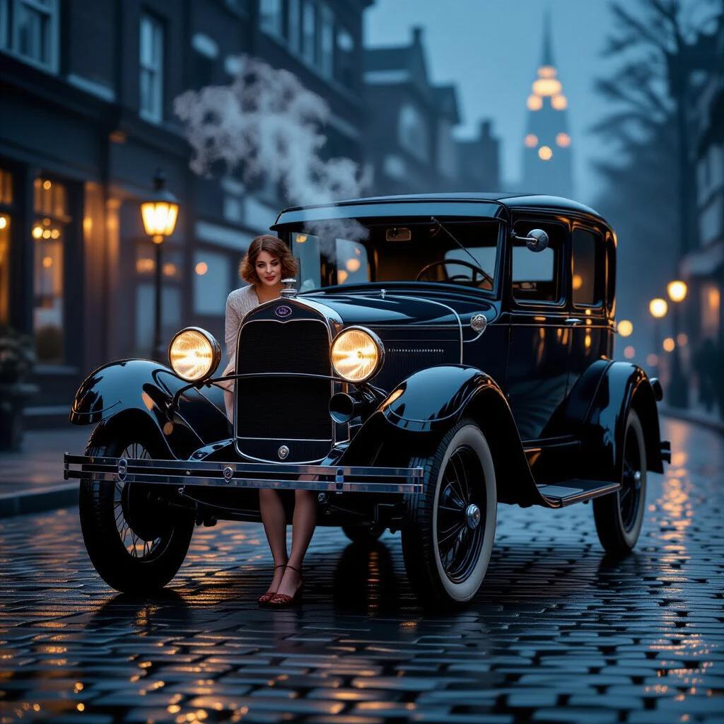 A woman stands beside a vintage Ford Model A car. The car has its hood open, steam rising from the engine with oil dripping onto the cobblestone street. The scene takes place on a foggy night with vintage flickering lantern lights illuminating the surroundings and a distant city skyline reflecting Art Deco architecture. The atmosphere conveys authentic 1920s humor. Photorealistic and hyperdetailed textures enhance the candid press photo style. The depth of field is shallow to focus on the car and the figure.