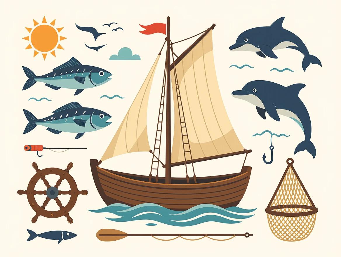 Vector image of a small boat with one sail and steering wheel. It includes fish, a fishing rod, seagulls, a sun, wave patterns, dolphins, a harpoon, hook, float, landing net, and oars on a light background. The style is reminiscent of illustrations from the 1880s.