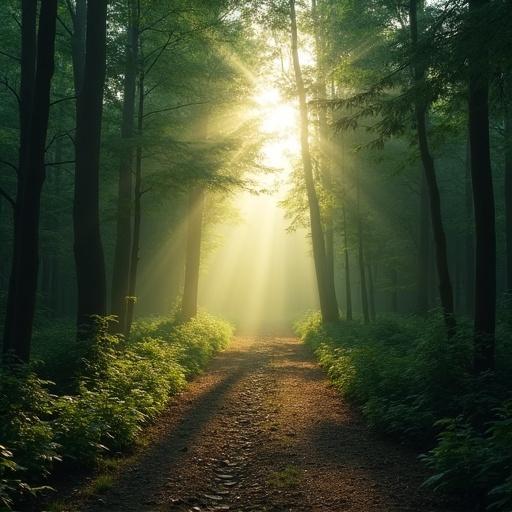 An empty forest clearing with fading footsteps. Bright light shines through trees. A realistic and mystical atmosphere is captured. Use a vertical aspect ratio.