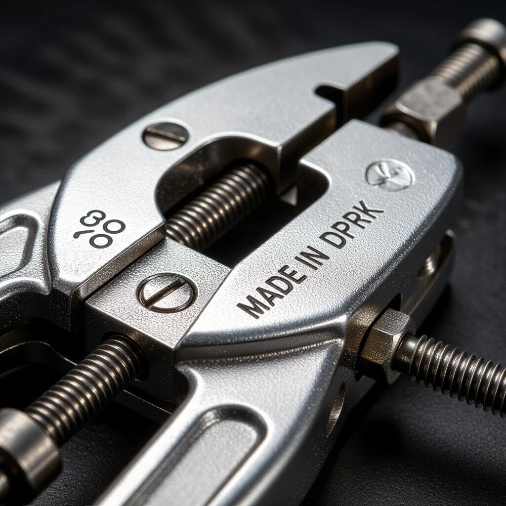 Close-up of a vintage silver metal parrot vise. Polished finish with machining marks and subtle scratches. Text 'MADE IN DPRK' visible. Crisp detail on jaws and screws. Soft creamy bokeh background in dark grey tones. Composition fills most of the frame with low angle perspective. Industrial and nostalgic mood with realistic highlights from studio light.