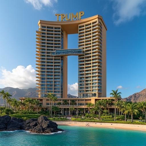 Trump Twin Towers located in Hawaii with a golden name on top. The image shows the tower, surrounding beach, and mountains in the background.