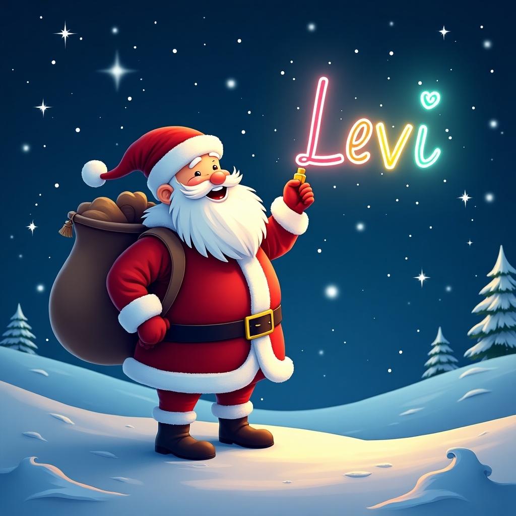 The image depicts a joyful Santa Claus in a snowy setting, celebrating the Christmas theme. He is playfully writing the name 'Levi' in bright, colorful letters that glow against the night sky. Santa is dressed in his traditional red suit, complete with a white beard and a large sack of presents slung over his shoulder. The background is a beautiful winter scene filled with twinkling stars and snow-covered trees. This cheerful depiction captures the magic of the holiday season and the spirit of giving.