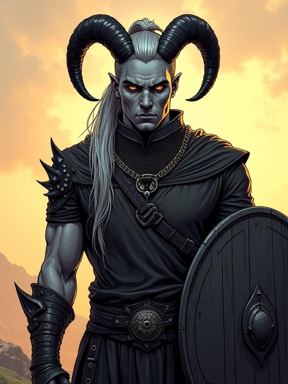 Comic-book-style digital illustration full-length portrait tall imposing male tiefling ash-gray skin amber eyes long silver hair high ponytail sleek black horns sharp cheekbones chainmail shirt black longsword black pants shield non-photorealistic soft cel shaded stylized depth of field artistic shading soft warm lighting