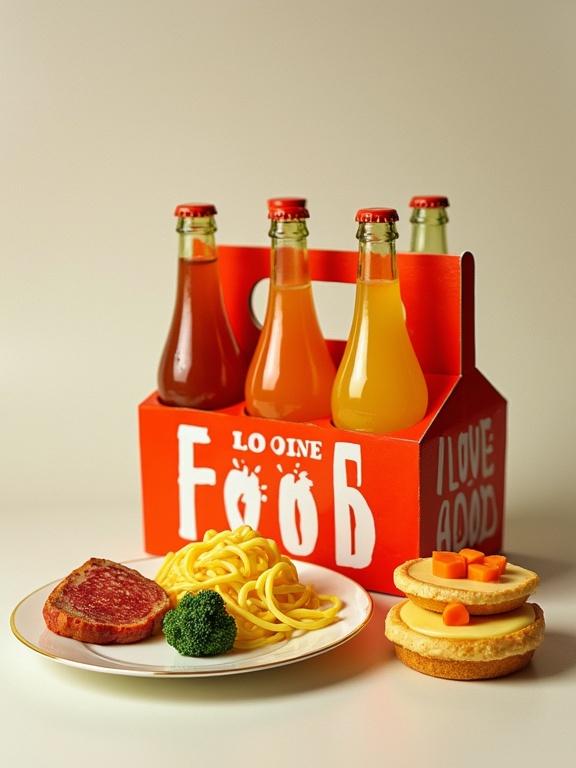 Surreal still life composition inspired by a 1980s furniture catalog. Items resembling food are presented with artistic flair. A large food box labeled 'I LOVE FOOD' is prominent. Four shiny bottles rest inside the box. Fake pasta with cheese is placed on a plate. Stiff meat slices and glossy carrot-broccoli shapes also featured. Two waxy pecan tarts are awkwardly stacked. All items had hyper-clean plastic textures. Background is neutral with bland lighting.