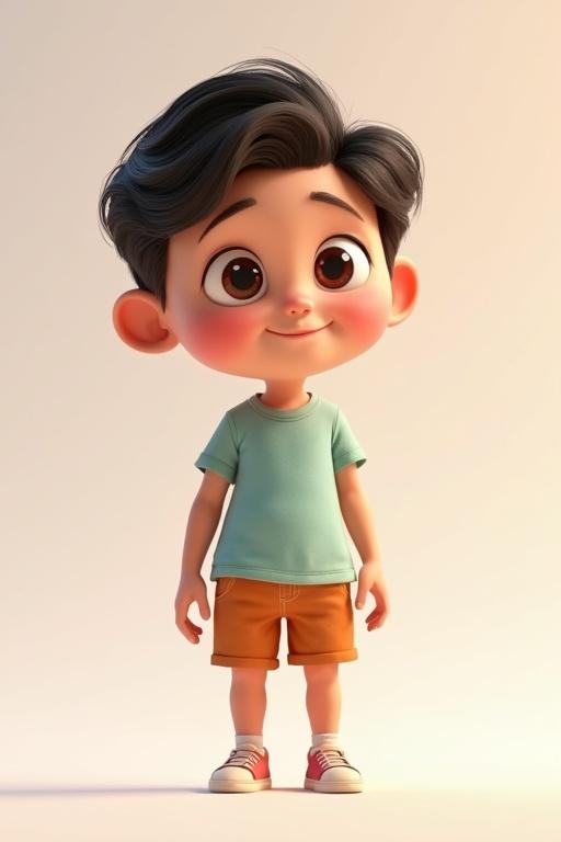 3D animated character of a cheerful child in Pixar style. The character has big expressive eyes and soft rounded features. Wearing casual clothes like a t-shirt and shorts. Standing in a neutral background with clear lighting. Generate in portrait orientation.