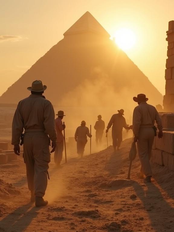 Scene depicting workers moving limestone blocks at sunrise. Pyramid in the background with golden sunlight over the sandy area. Dust in the air as men coordinate heavy stones. Atmosphere reflects historical authenticity and hard work.