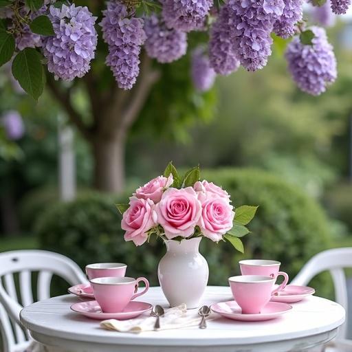 Tea set in pink color on white table. Vase filled with pink roses. Lavender hydrangeas adorned above the patio.