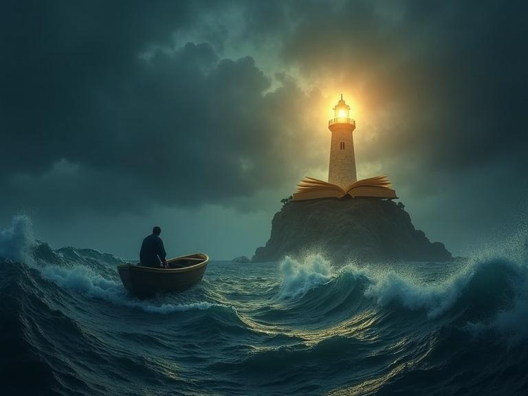 A lone person in a small boat on a dark stormy sea. Waves shaped like anxiety, pressure, competition, uncertainty. Bright golden light from a giant lighthouse that is an open Bhagavad Gita illuminating the way. A symbol of hope and stability. Dramatic lighting and epic scenery.
