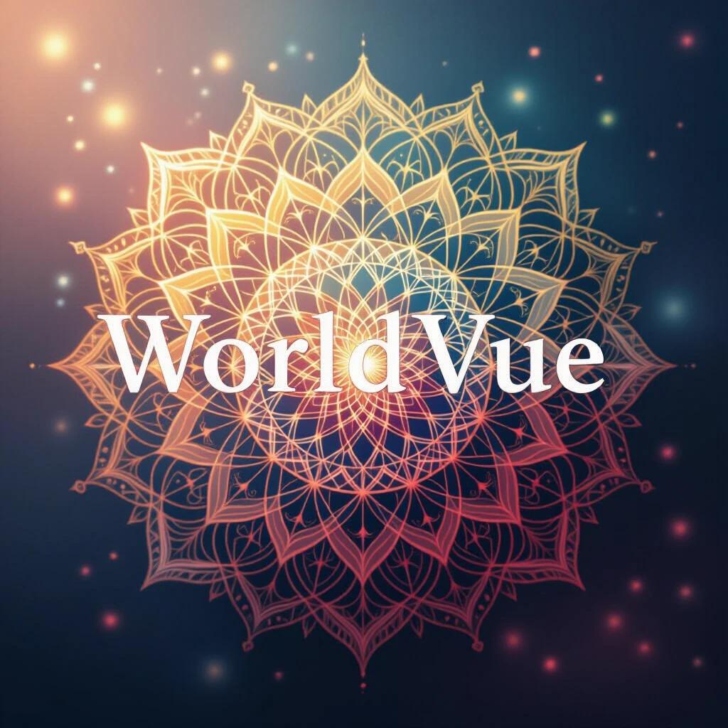 The image features 'WorldVue' text at the center. A complex, glowing mandala surrounds the text. Patterns in the mandala create a visually mesmerizing look. The background showcases a soft, gradient cosmic field. The illustration emphasizes universal order, interconnectedness, and spirituality. The composition is symmetrical with ambient lighting. This is a digital illustration in 8K resolution.
