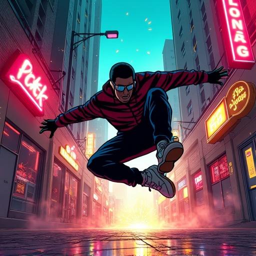 Breakdancer mid-air beneath neon city lights in a lively alley. Sparks fly from the ground. Motion lines illustrate a twist. Energetic vibe. Comic book aesthetic with bold colors and sharp angles.