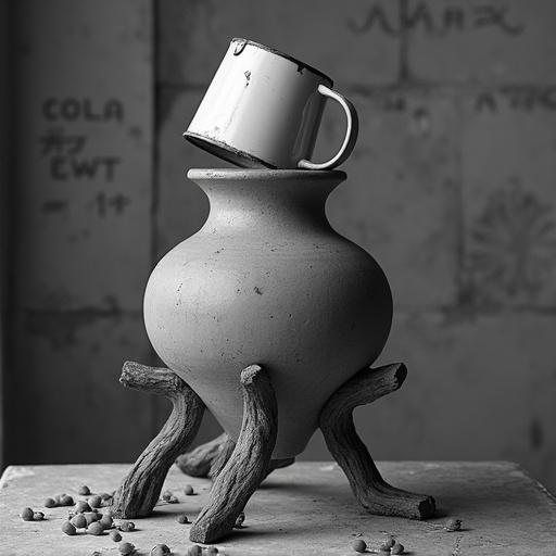 Artistic black-and-white photograph featuring a large worn clay vessel with an inverted white enamel mug atop. The vessel is held by gnarled wooden branches with scattered clay beads around. Softly out of focus background of a sun-stained wall with inscriptions. Fine film grain adds depth.