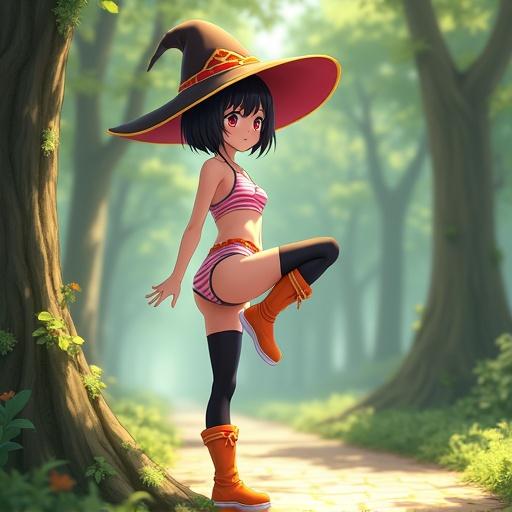 Highly detailed 3D-rendered anime-style illustration of a young female mage inspired by Megumin from 'KonoSuba'. Petite build, fair skin, black bob hair with bangs, large crimson eyes. Wearing a floppy brown wizard hat with gold trim. Captured mid-Y-pose with left leg extended. Body turned slightly backward, expressing flustered embarrassment. Pink-and-white striped cropped halter top and matching briefs. Black thigh-high stocking and orange folded-down boots. Positioned beside a mossy tree trunk in a sunlit fantasy forest path.