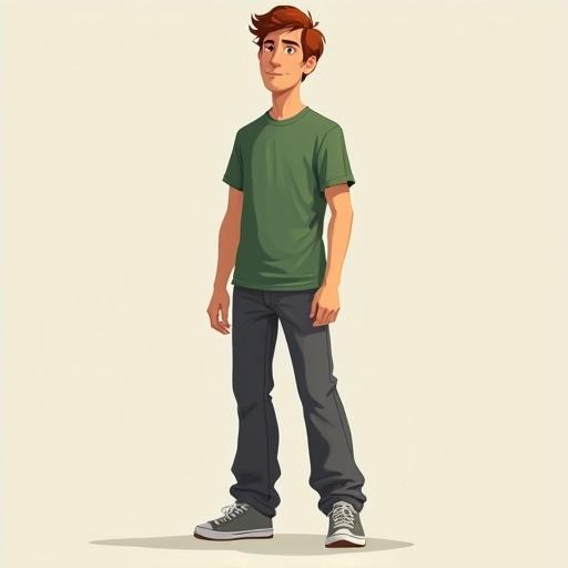 Illustration of a college boy standing in casual attire with an average height and a well-padded build. He has light brown skin and light brown eyes. Very short dark red hair is neatly combed. He is dressed in a form-fitting green t-shirt and relaxed-fit dark gray jeans, along with gray sneakers.