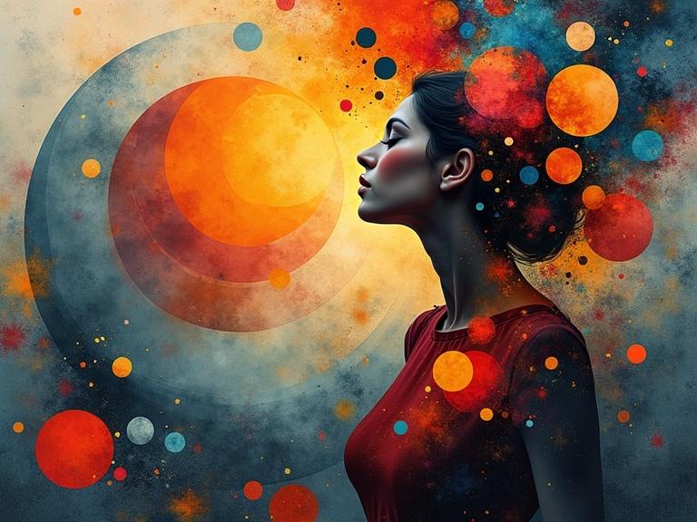 Abstract representation of euphoria featured a female silhouette surrounded by vivid colors and chaotic geometric shapes like circles and squares in the style of Wassily Kandinsky.