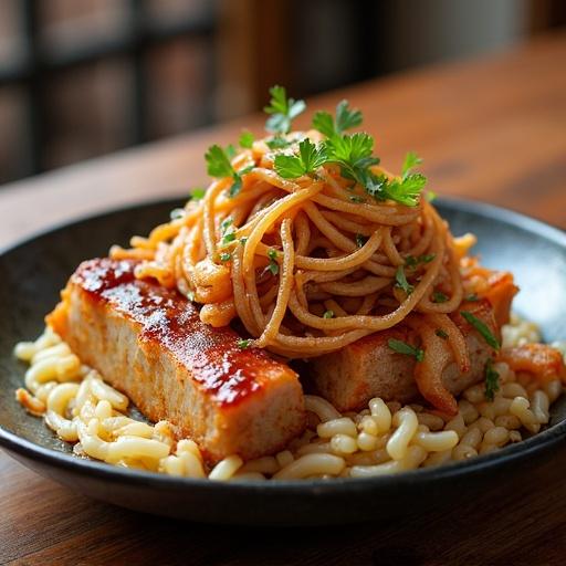 Plate of Korean cuisine featuring pork and noodles. Dish garnished with cilantro, served on a dark plate with a wooden table background.