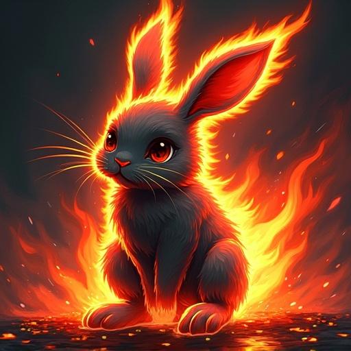 Fire rabbit in a dark manga style. The rabbit has a black body surrounded by flames. It features large ears and expressive eyes. The colors are primarily orange, red, and yellow, depicting a fiery appearance.