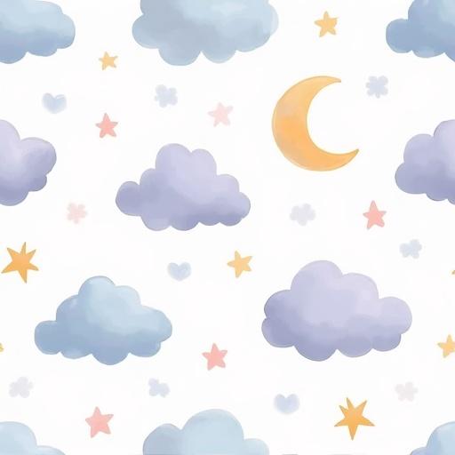 Seamless pattern features fluffy clouds crescent moons and stars. Soft pastel colors like baby blue blush pink and lavender. Hand-drawn style with transparent background. Soothing bedtime theme with perfect repeatability.