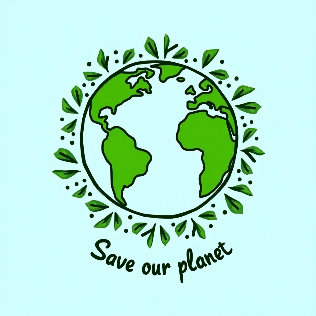 An illustrated globe surrounded by greenery. Text reads 'Save our planet'. Background is light blue. Theme is environmental conservation.